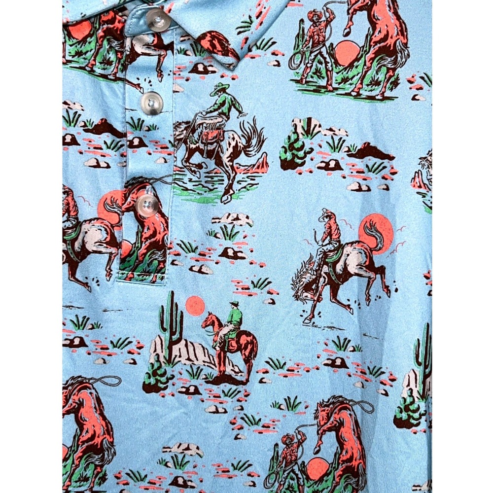 Burlebo Cowboy Up Performance Polo Mens XL Blue AOP Cowboy Bronco Print Stretch - Picture 3 of 8